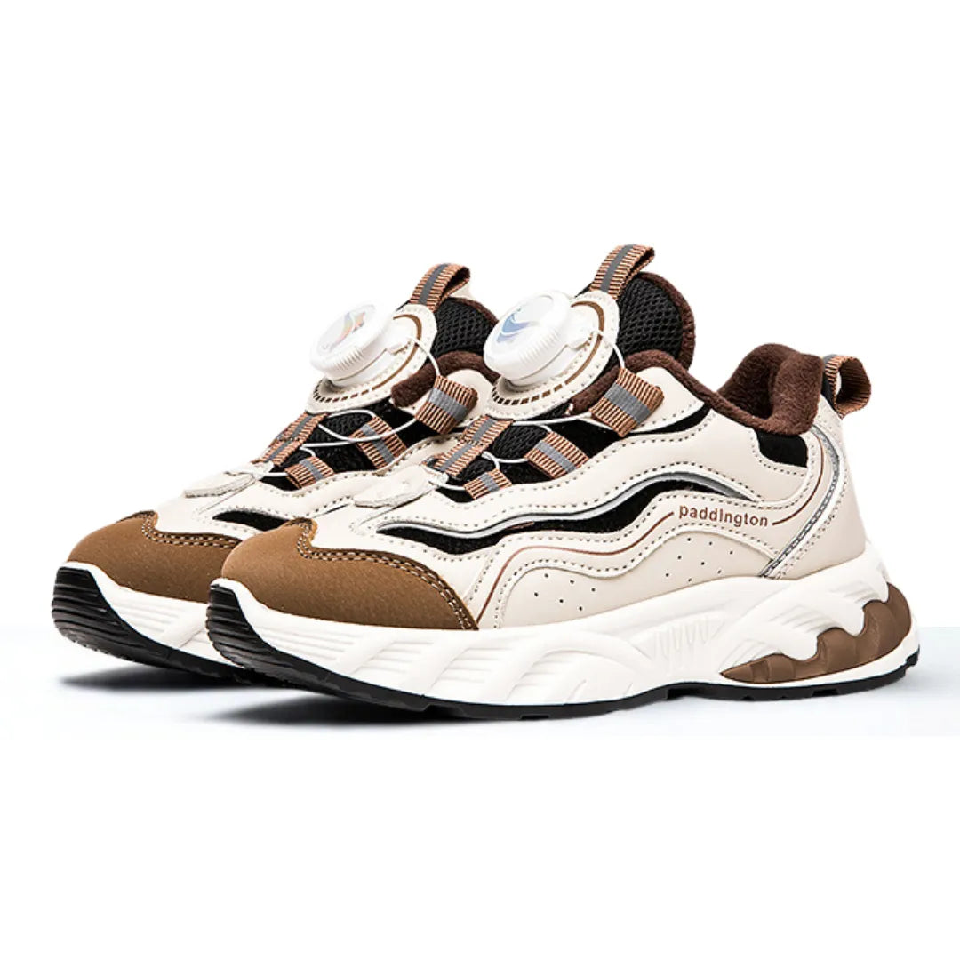 Beige-Braune Kinder Sneaker mit Drehverschluss – Vorderansicht