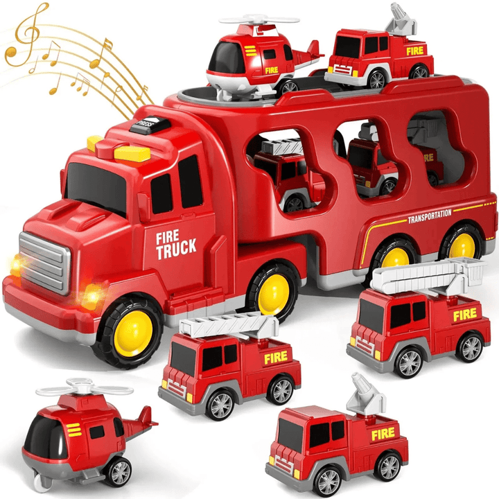 Feuerwehrwagen Rote Version: Lastzug plus Betonmischer, Kipper, Radlader, Kran, Walze, Bagger