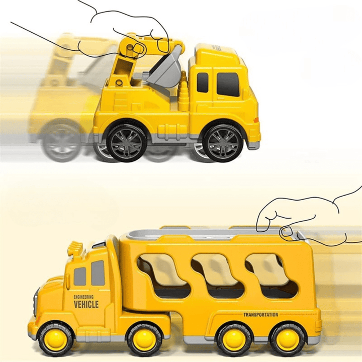 Mädchen präsentiert die rote BaggerBus Express™ Version – ideal für Rollenspiele
