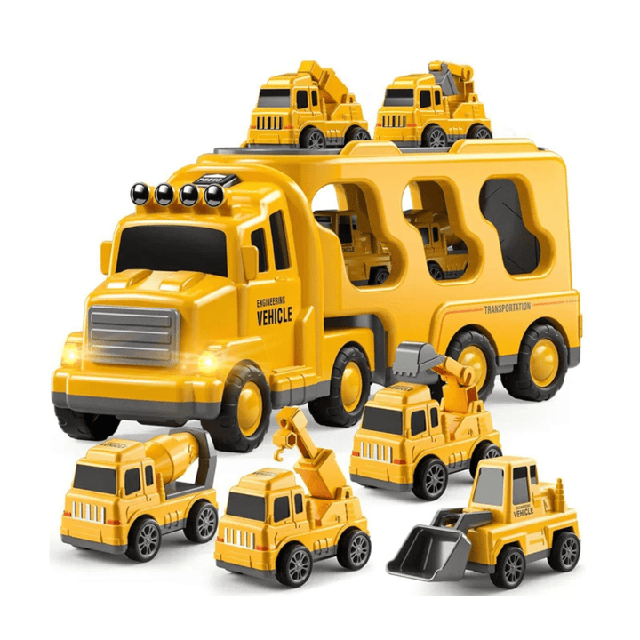 Gelber BaggerBus Express™ mit 6 Mini-Baufahrzeugen und offenem Transport-Auflieger