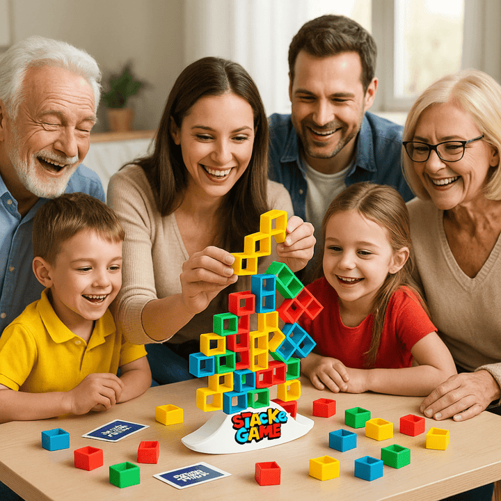 Familienrunde jubelt, während BalanceBausteine Wippe gerade noch standhält