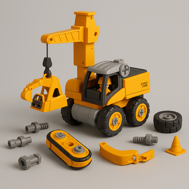 Zusammengebauter Kranbagger des Master Builder Engineer Set™ mit Greifarm und Rädern
