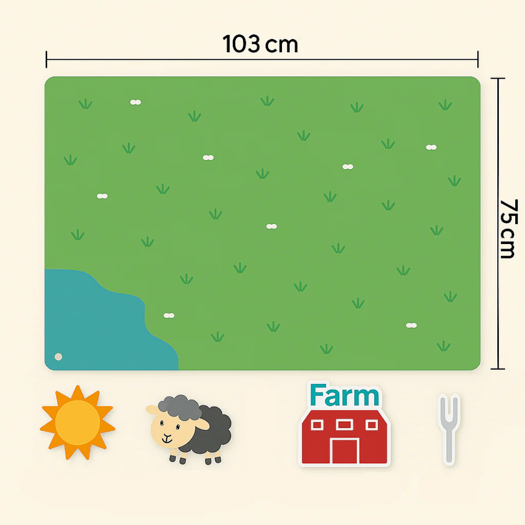 Lieferumfang: leere 75 × 103 cm Filztafel, Klettstreifen & 50 Patch-Figuren
