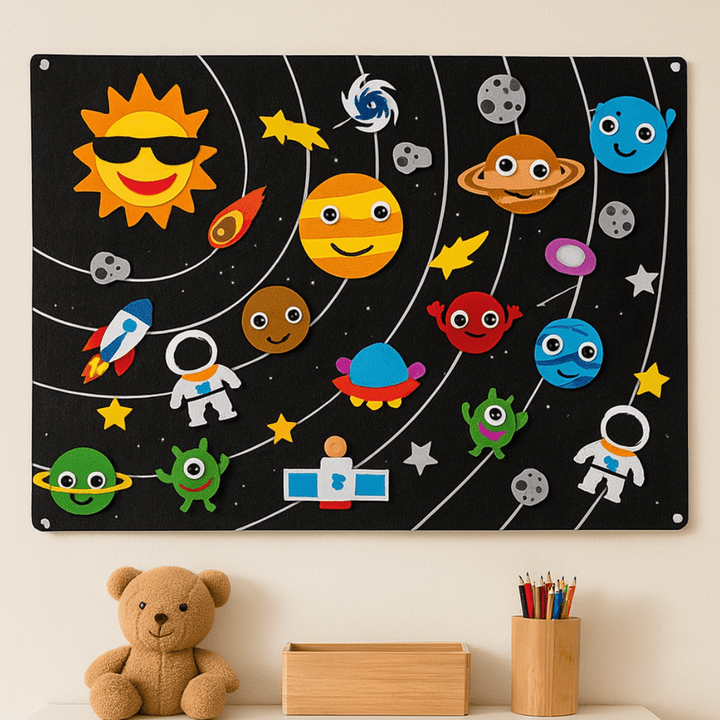Dunkles Weltraum-Feltboard mit Planeten- und Raketen-Patches im Kinderzimmer
