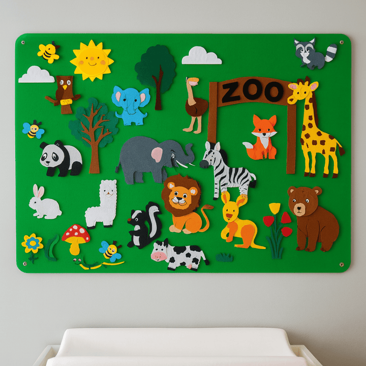 Vollansicht: FantasieFelt Board „Zoo“ mit 20 Tier-Patches an grüner Wand
