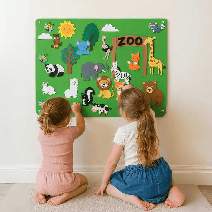 Zwei Kinder kletten bunte Dinosaurier auf das große Filzbrett – kreative Spielszene
