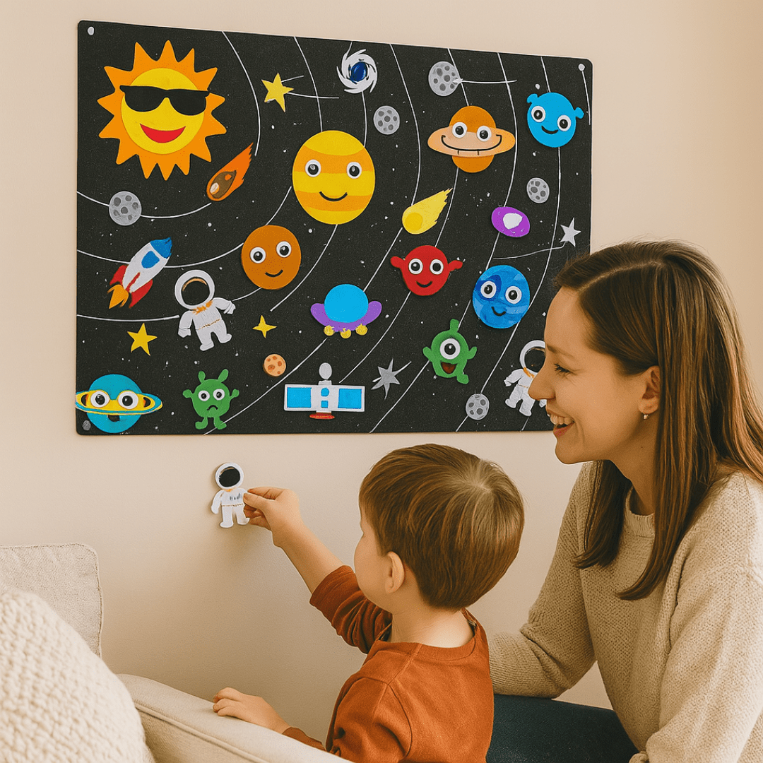 Mutter und Tochter erfinden Geschichten mit Sonne, Mond & Sternen am Feltboard

