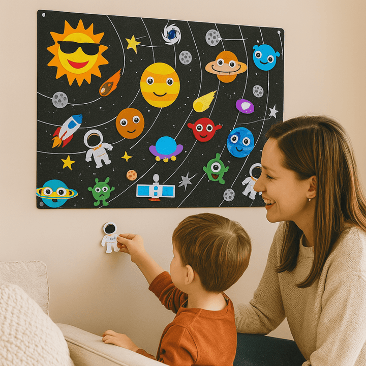 Mutter und Tochter erfinden Geschichten mit Sonne, Mond & Sternen am Feltboard
