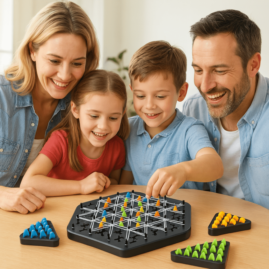 Familie am Wohnzimmertisch lacht über strategischen Zug auf dem HexaFokus Taktikspiel