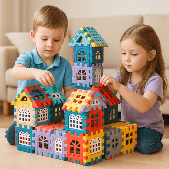 Zwei Kinder setzen bunte Steckwürfel zum hohen Fantasiehaus zusammen – Teamwork & Motorik
