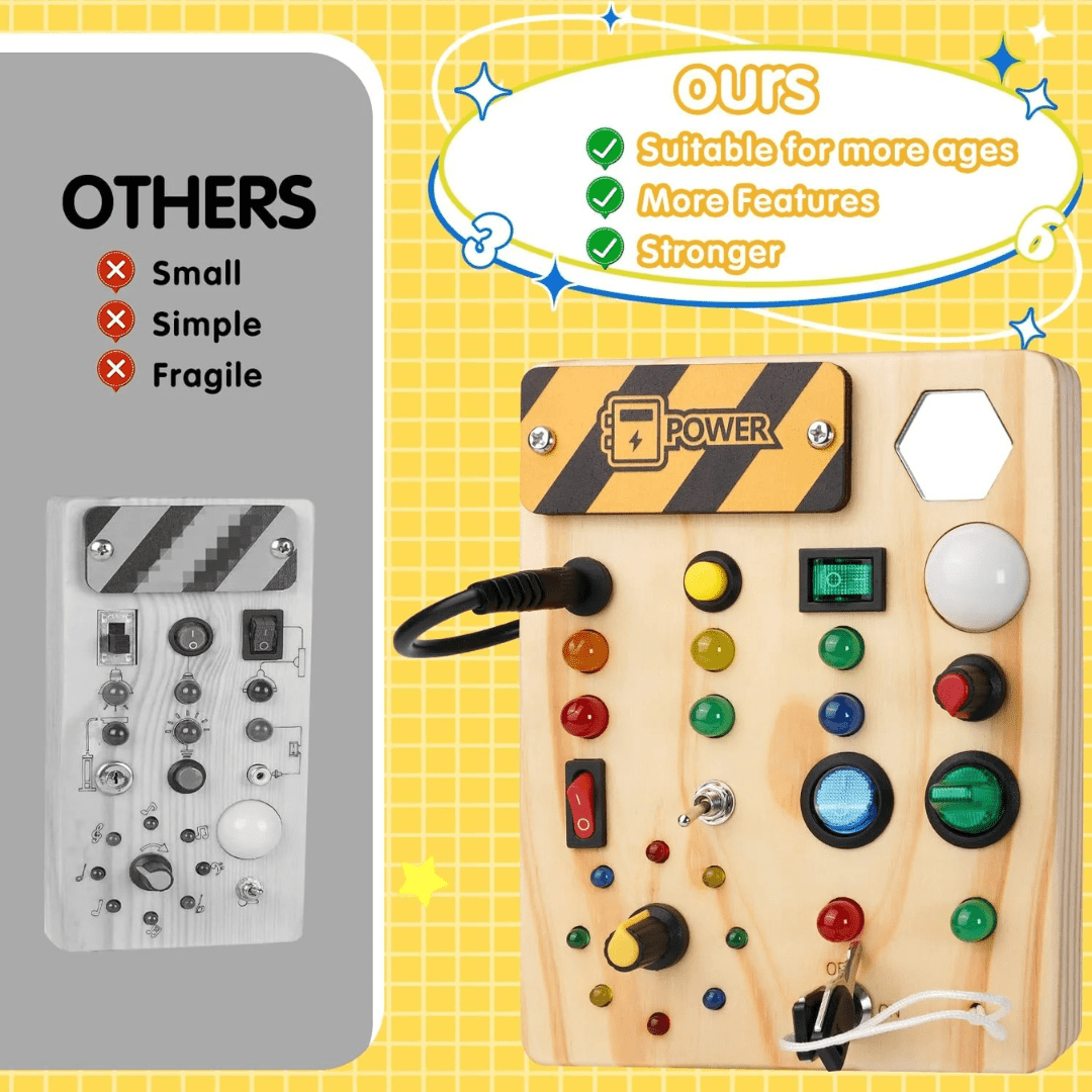 Busyboard flach auf Couchtisch – alle Module (Piezo-Summer, Lichtsensor, Drucktaster) gut sichtbar
