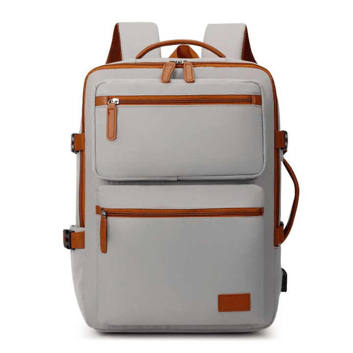 Berry Wickelrucksack Grau – Frontansicht mit Leder-Details & Doppel-Reißverschluss