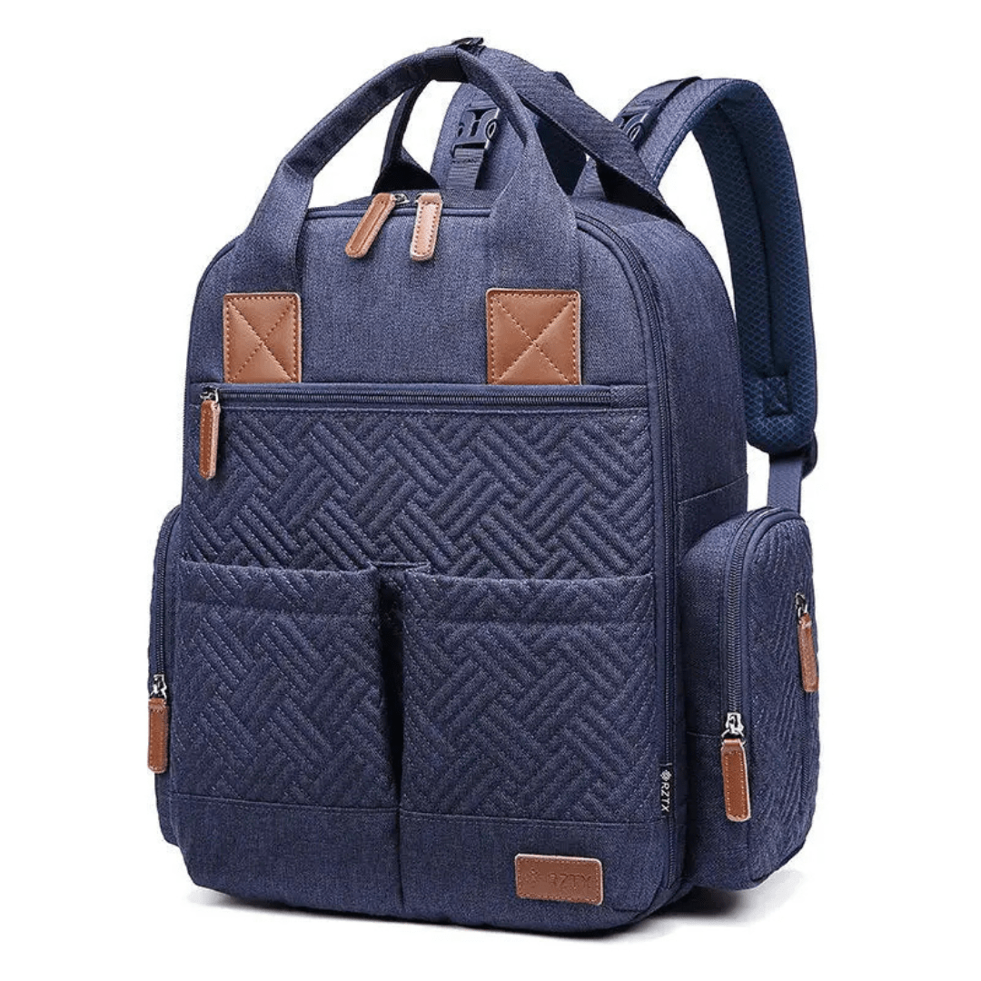 dunkelblauer wickelrucksack front und seitenansicht