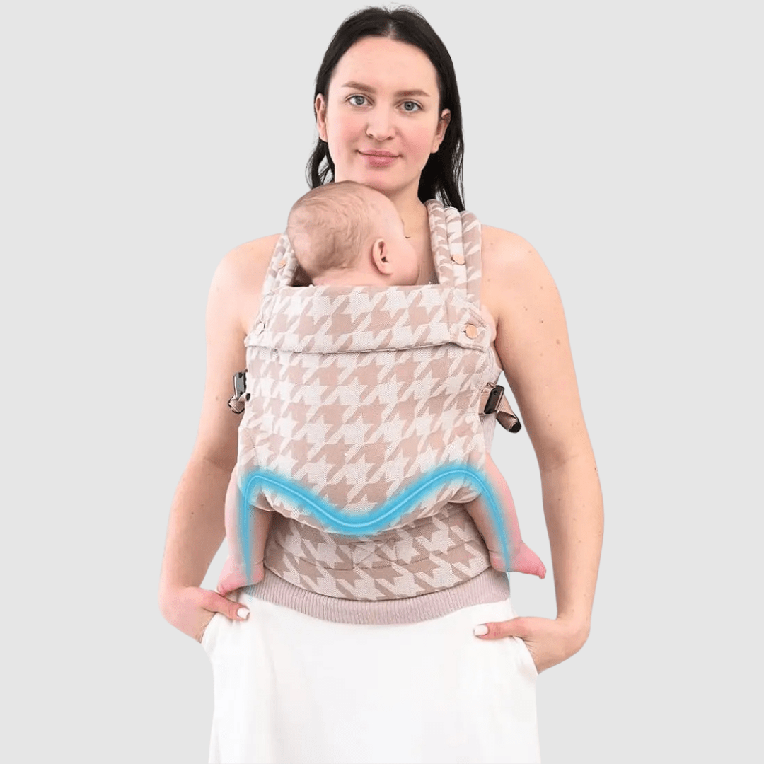 Beigekarierte Dane Babytrage – Detail des Hüftgurts & Schnallen