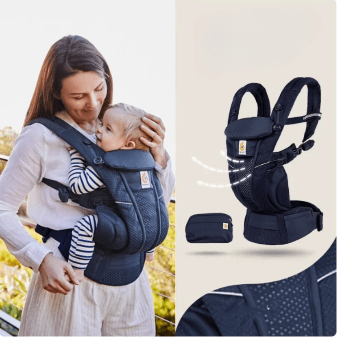Mutter in Jeansjacke mit Kind in marineblauer ErgoKids 5