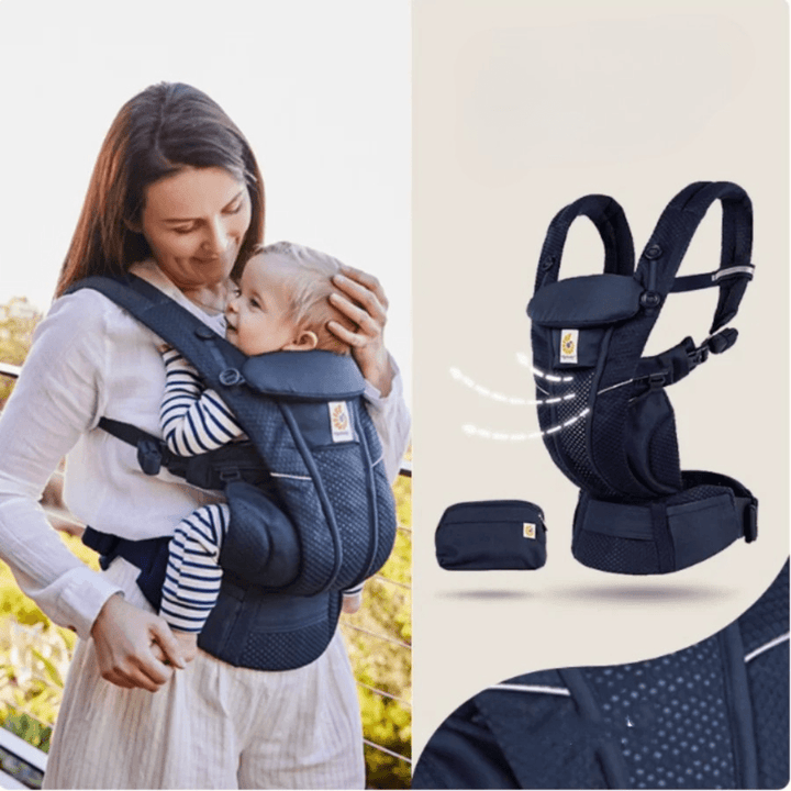 Mutter in Jeansjacke mit Kind in marineblauer ErgoKids 5