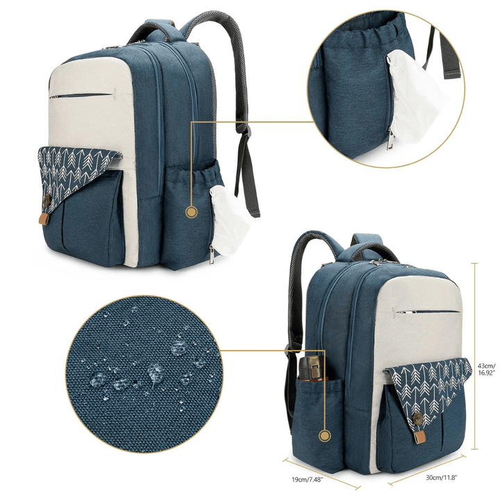 seitlicher blick auf blauen rucksack mit rundum taschen