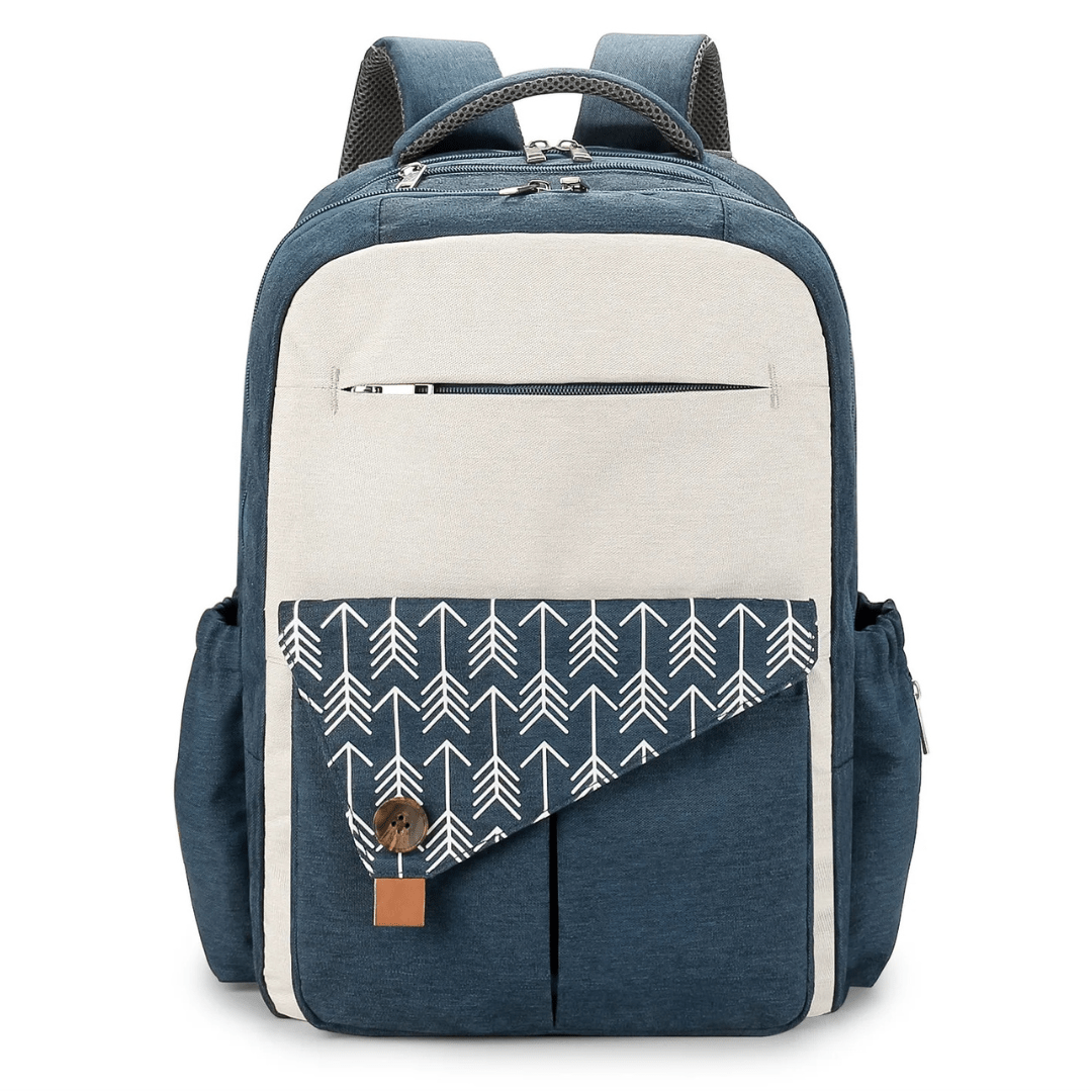 blauw-crèmekleurige luierrugzak vooraanzicht
