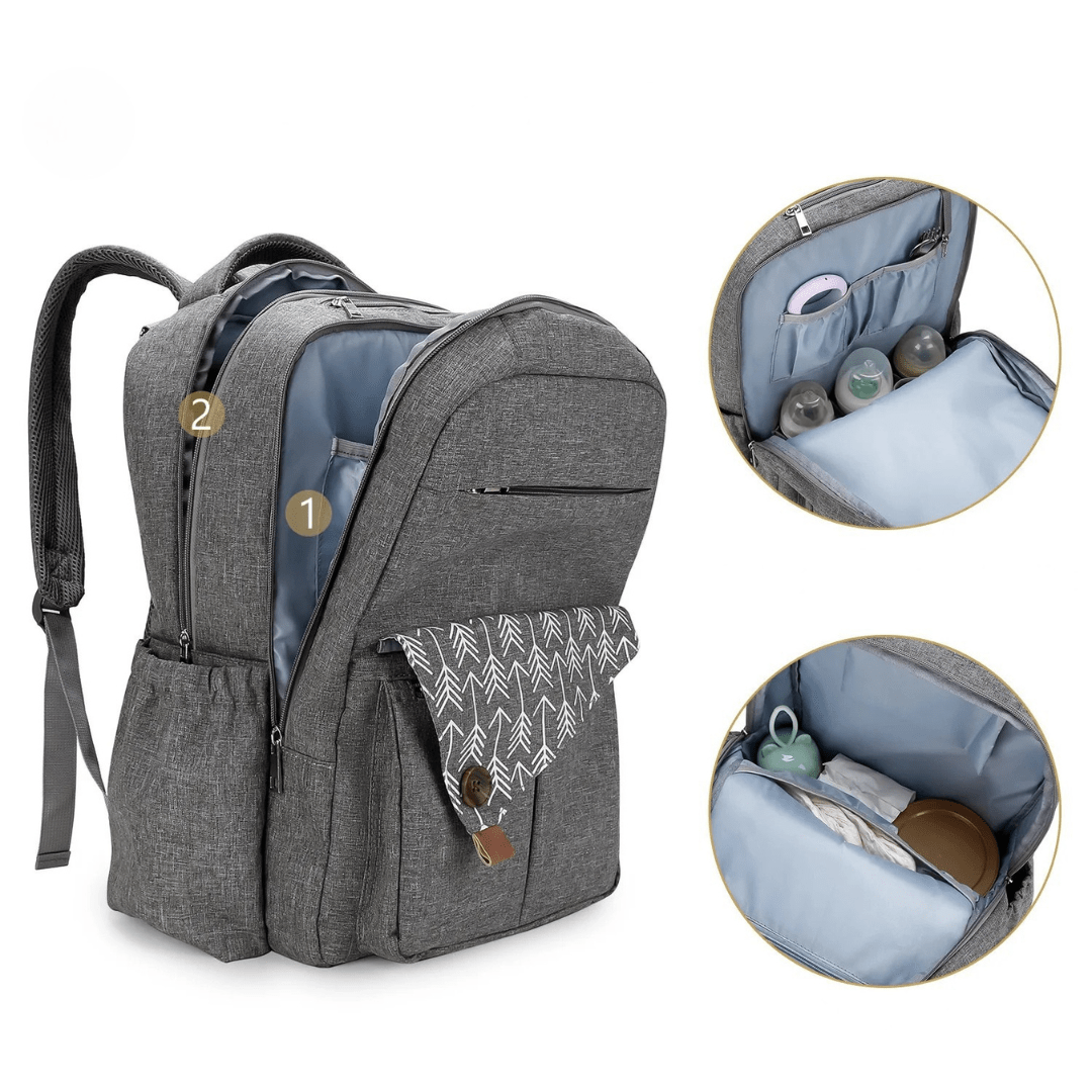 geoeffneter grauer rucksack zeigt innenfaecher