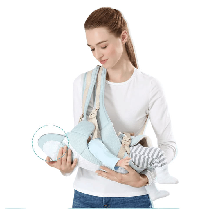 Infografik: Sechs ergonomische Tragepositionen der Freya Babytrage