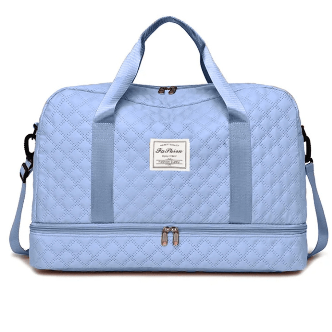 Harper Wickeltasche Jeansblau – Doppelgriffe, kontrastfarbiger Reißverschluss