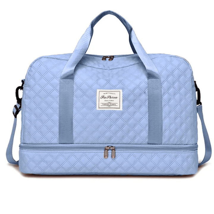 Harper Wickeltasche Jeansblau – Doppelgriffe, kontrastfarbiger Reißverschluss
