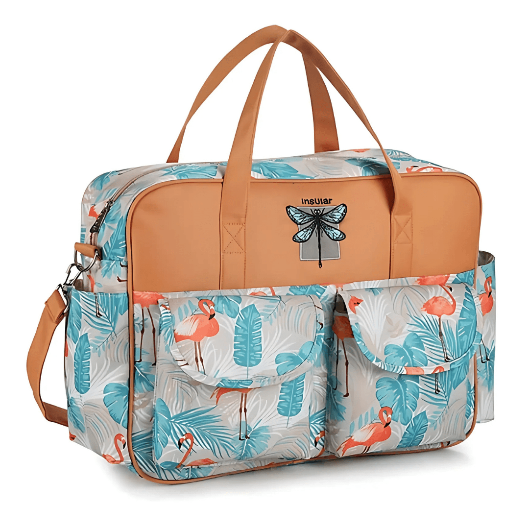 Turquoise diaper bag – front view with leather accents & floral print