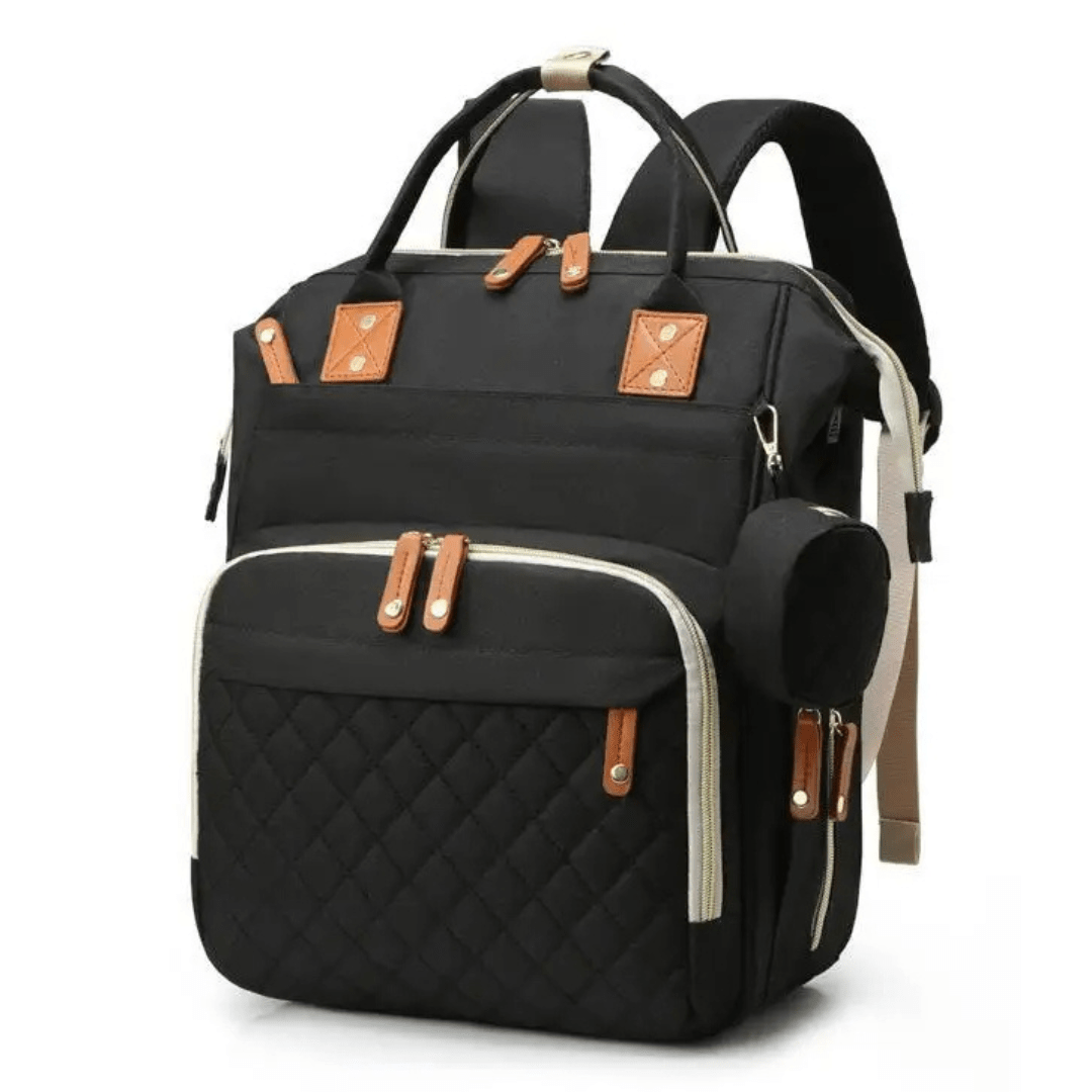 schwarz wickelrucksack mit cognac braunen details front