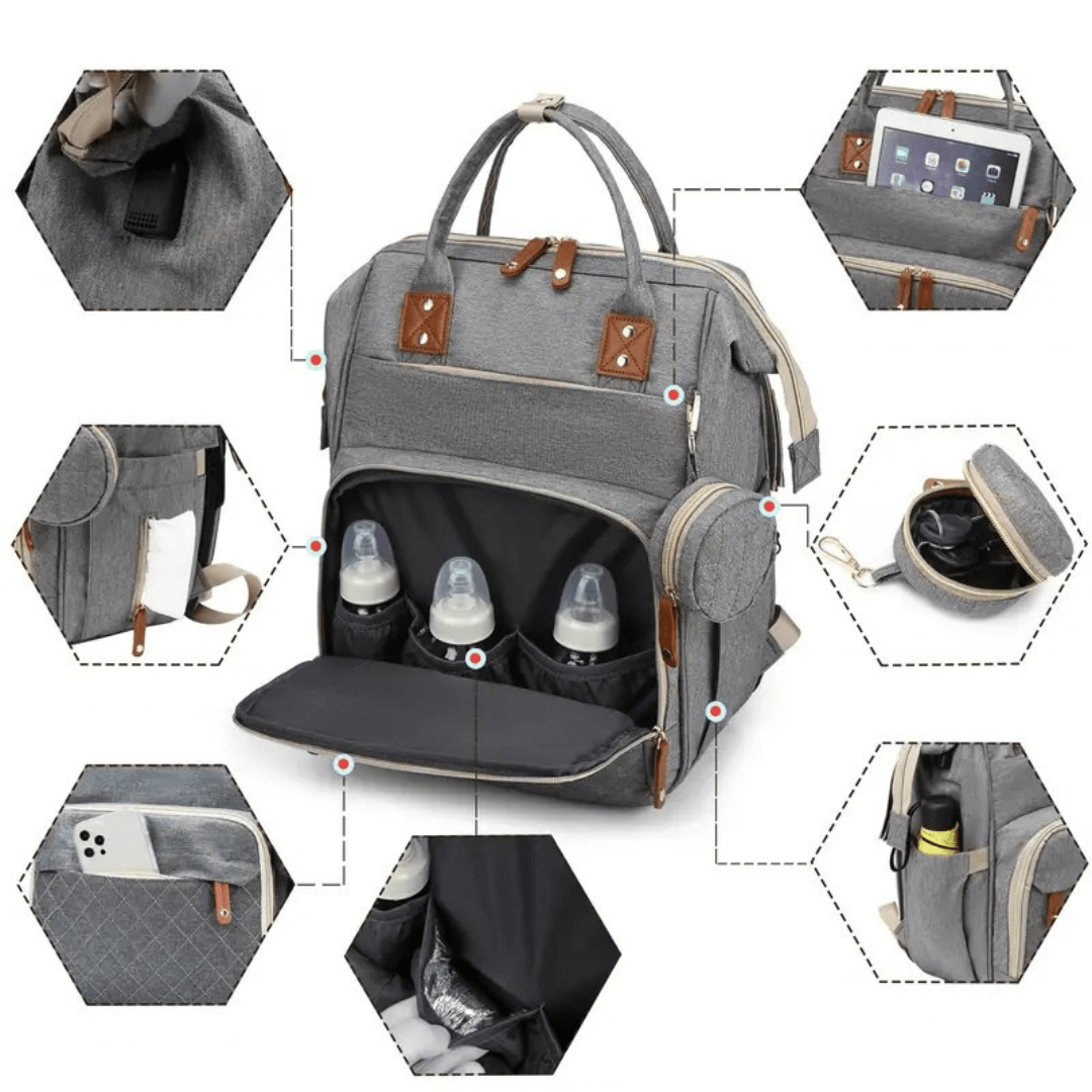 grauer wickelrucksack offene fronttasche zeigt isolierte flaschenhalter
