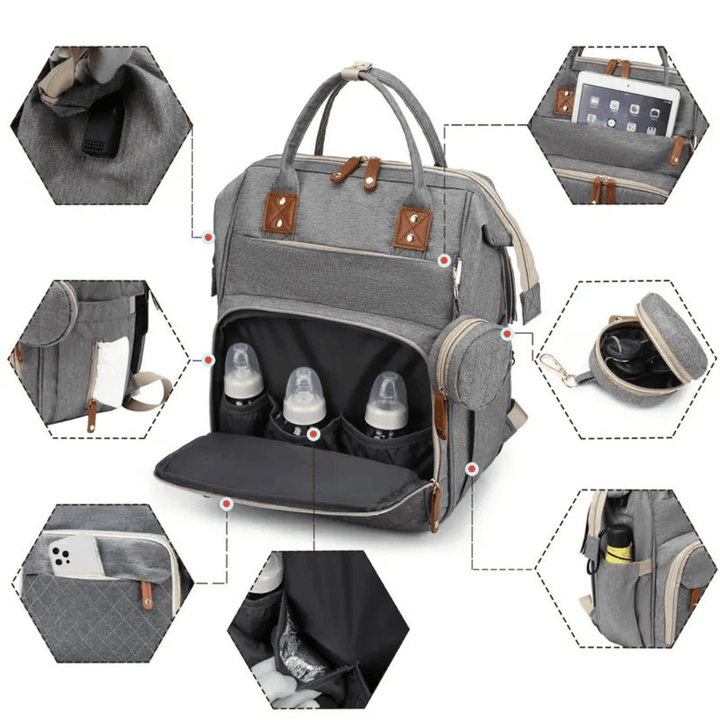 grauer wickelrucksack offene fronttasche zeigt isolierte flaschenhalter