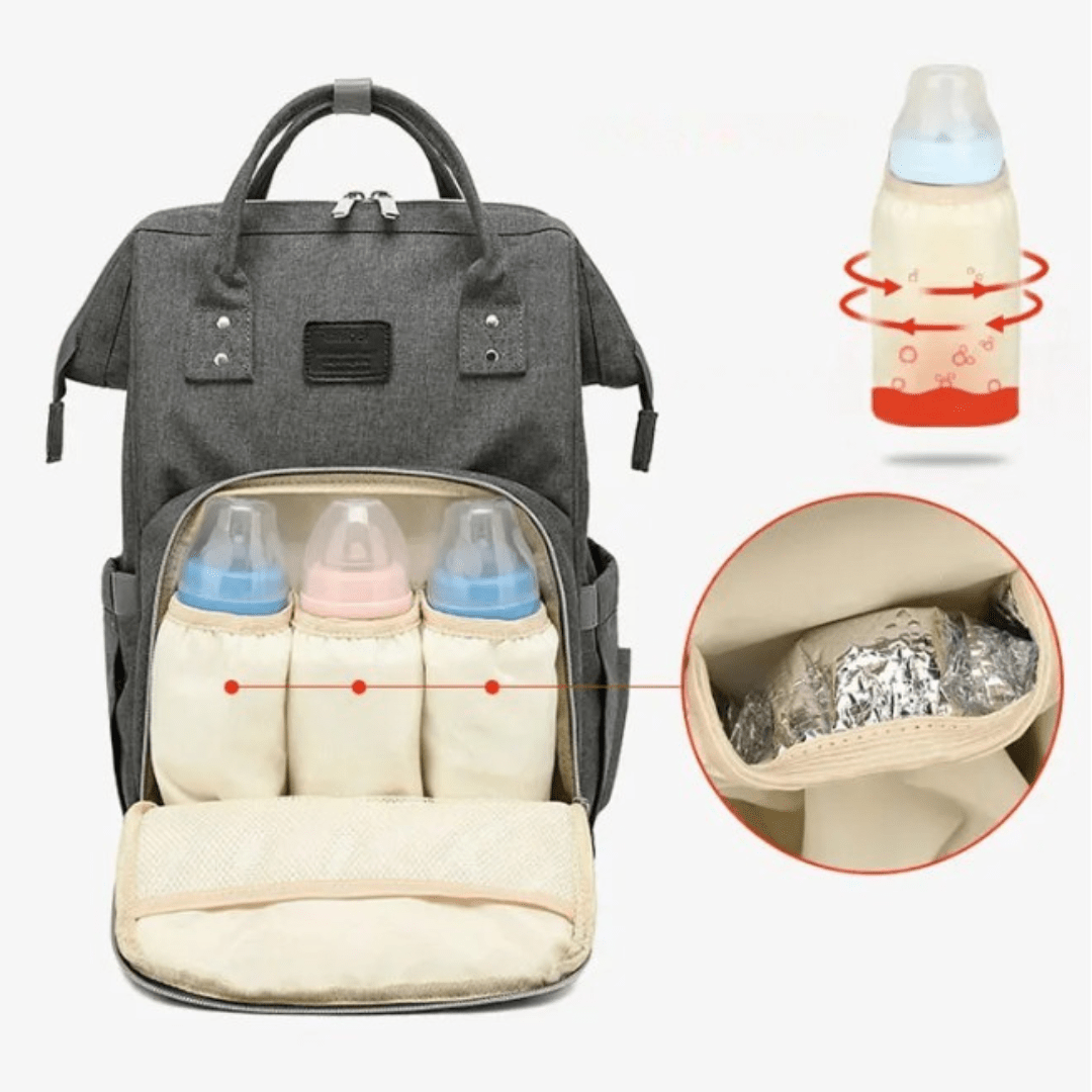 grauer wickelrucksack mit babyflaschen und windeln