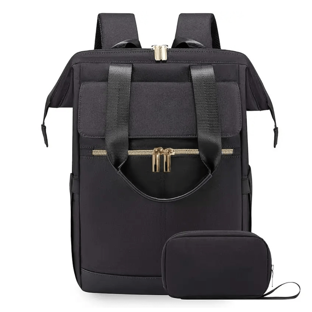 schwarzer wickelrucksack frontansicht mit gold zipper
