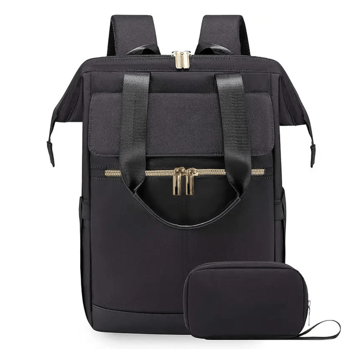 schwarzer wickelrucksack frontansicht mit gold zipper
