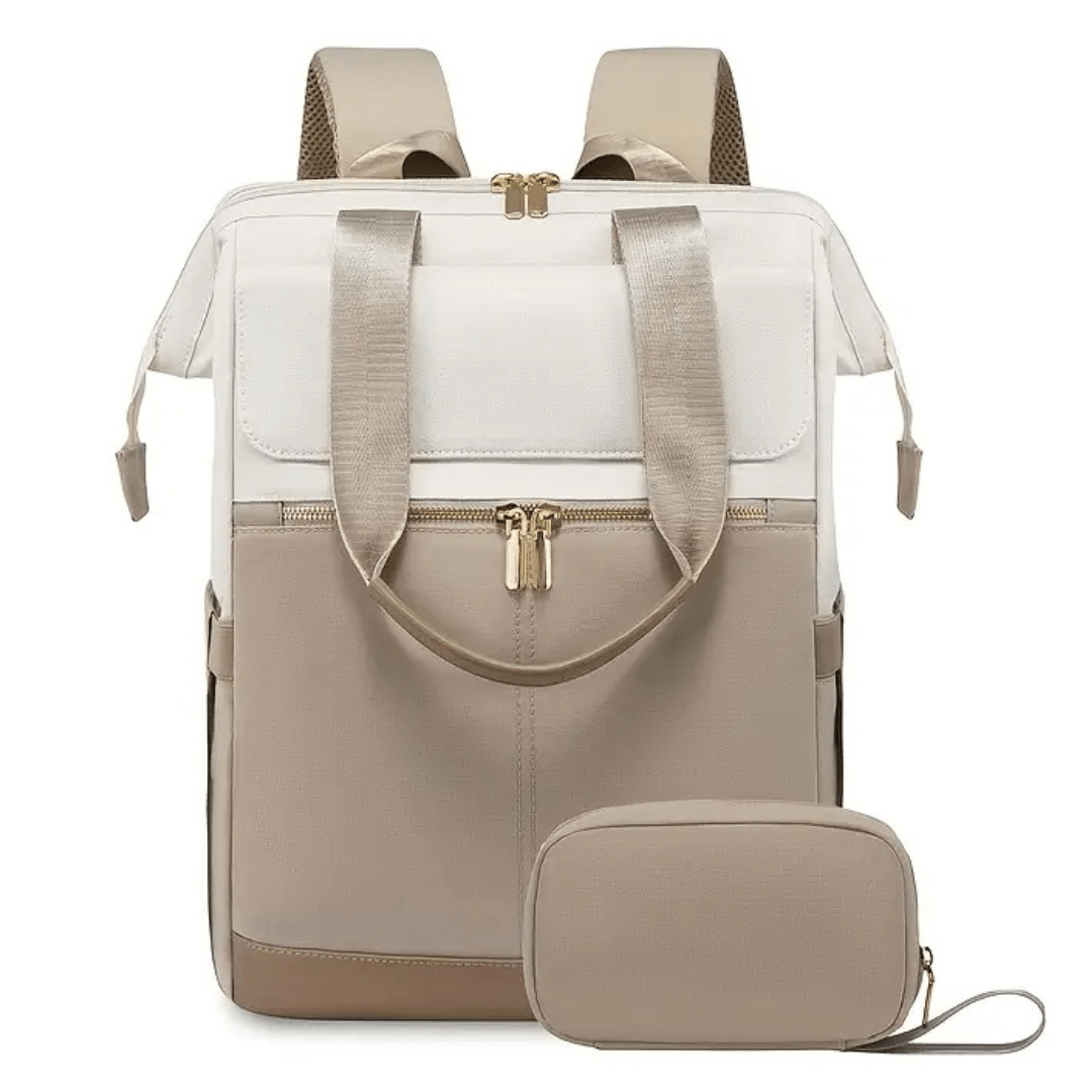 beige wickelrucksack frontansicht mit zubehoer tasche