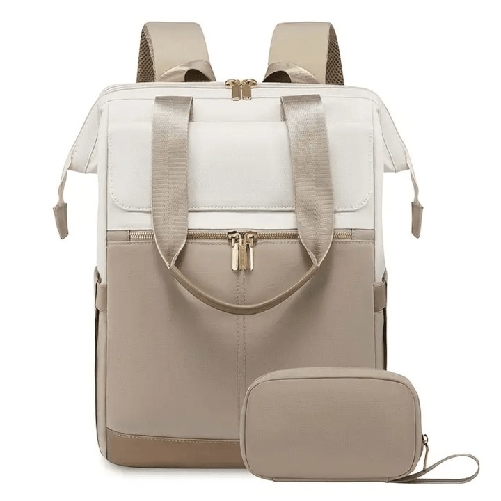 beige wickelrucksack frontansicht mit zubehoer tasche