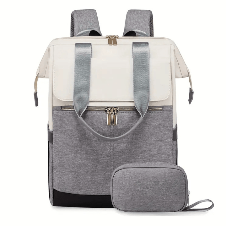 grau beige wickelrucksack frontansicht mit zubehoer tasche