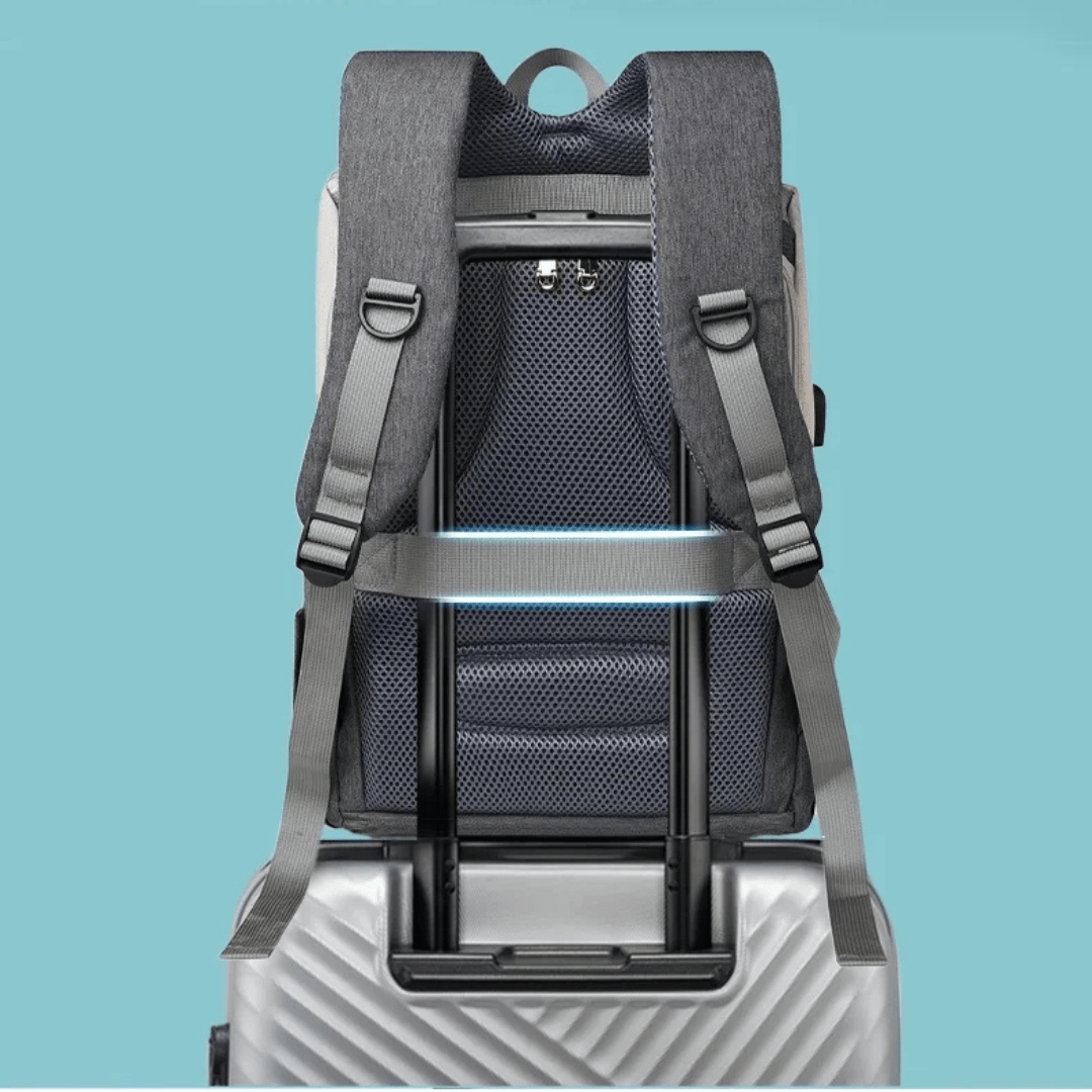 On-the-go: Mother carries Robby's backpack and pushes the stroller