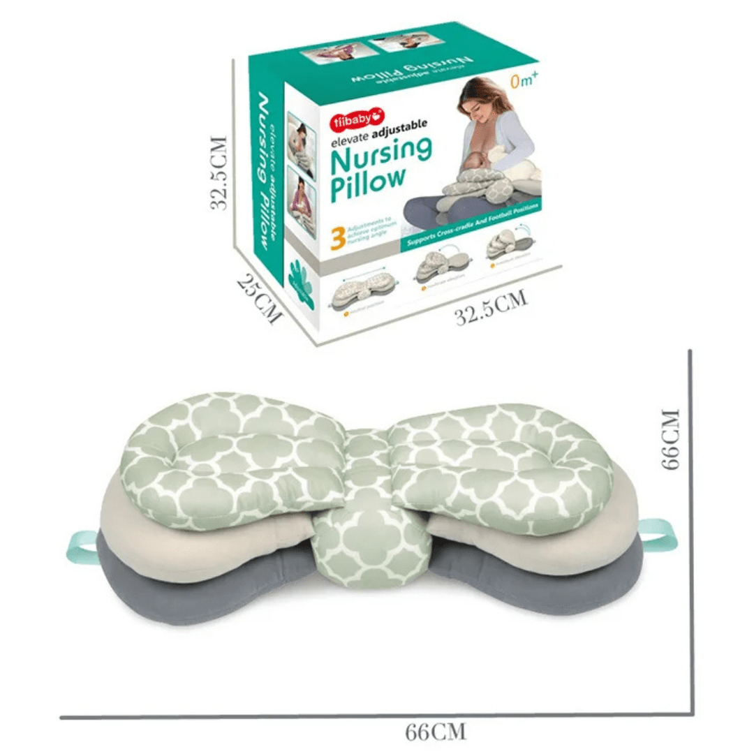 Verkaufsverpackung des Teagan Stillkissens mit Größentabelle und Produktfoto
