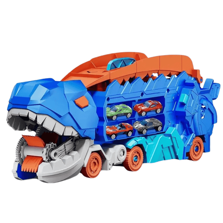 Geschlossener Transporter im Dino-Look mit Sichtfenstern für die eingeparkten Autos