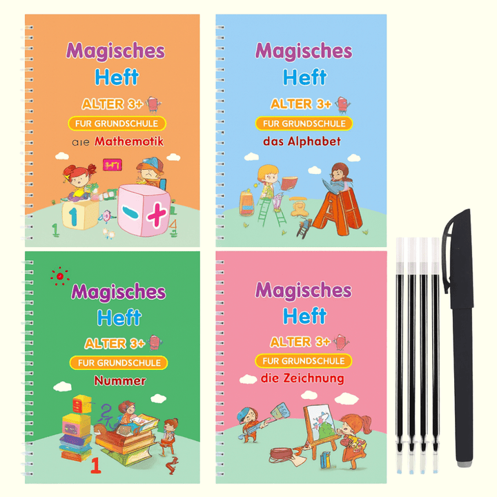 Vier farbenfrohe Wieder­verwendbare Schreib­hefte plus Lösch­stift – Komplett­set SchreibZauber Start™
