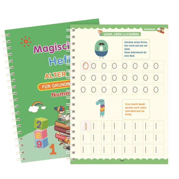 Alle vier Hefte übereinander (Alphabet, Mathe, Zahlen, Zeichnen) – platzsparend und bunt
