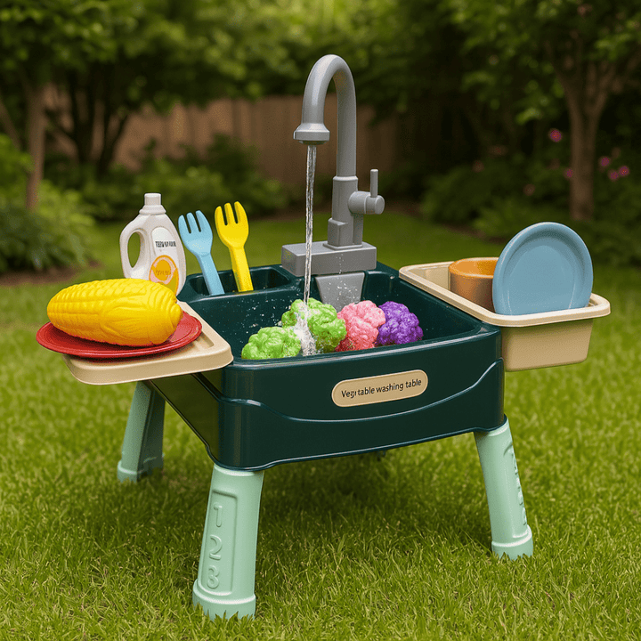 SpritzChef Spielwaschbecken sprudelt im Garten, buntes Geschirr auf Seitentischen
