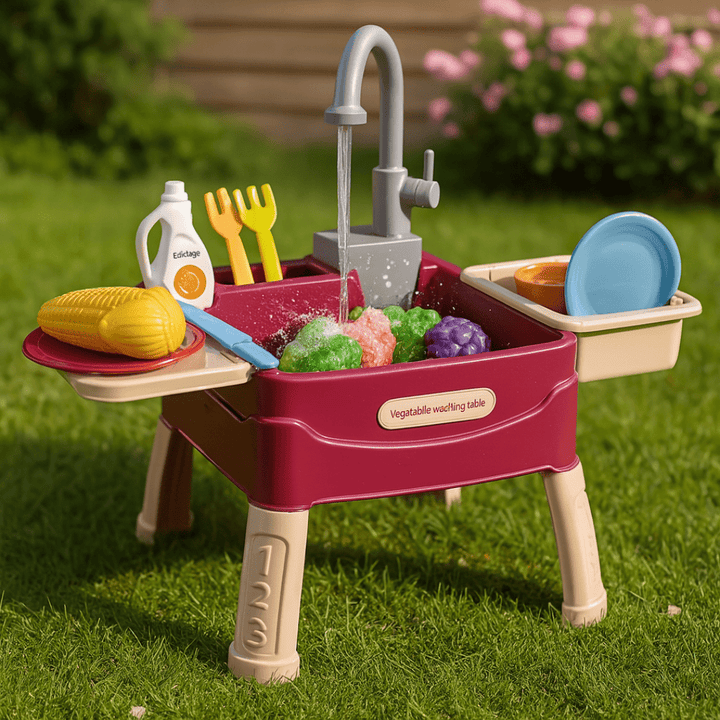 Dunkelgrüne Outdoor-Version: Wasserhahn läuft, Becher und Teller warten auf Abwasch
