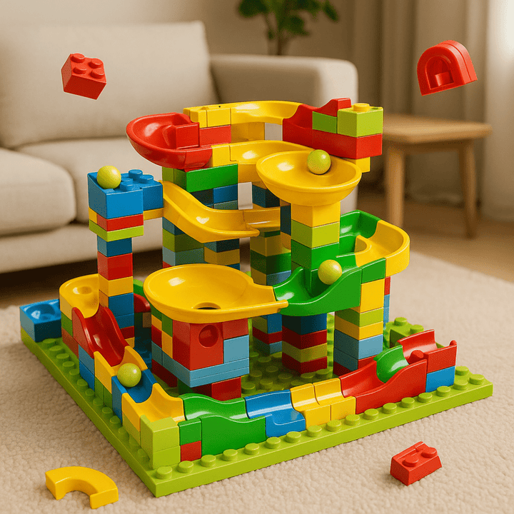 Fertig aufgebaute TrackBau Kugelbahn mit Spiralen und Rutschbahnen im Wohnzimmer
